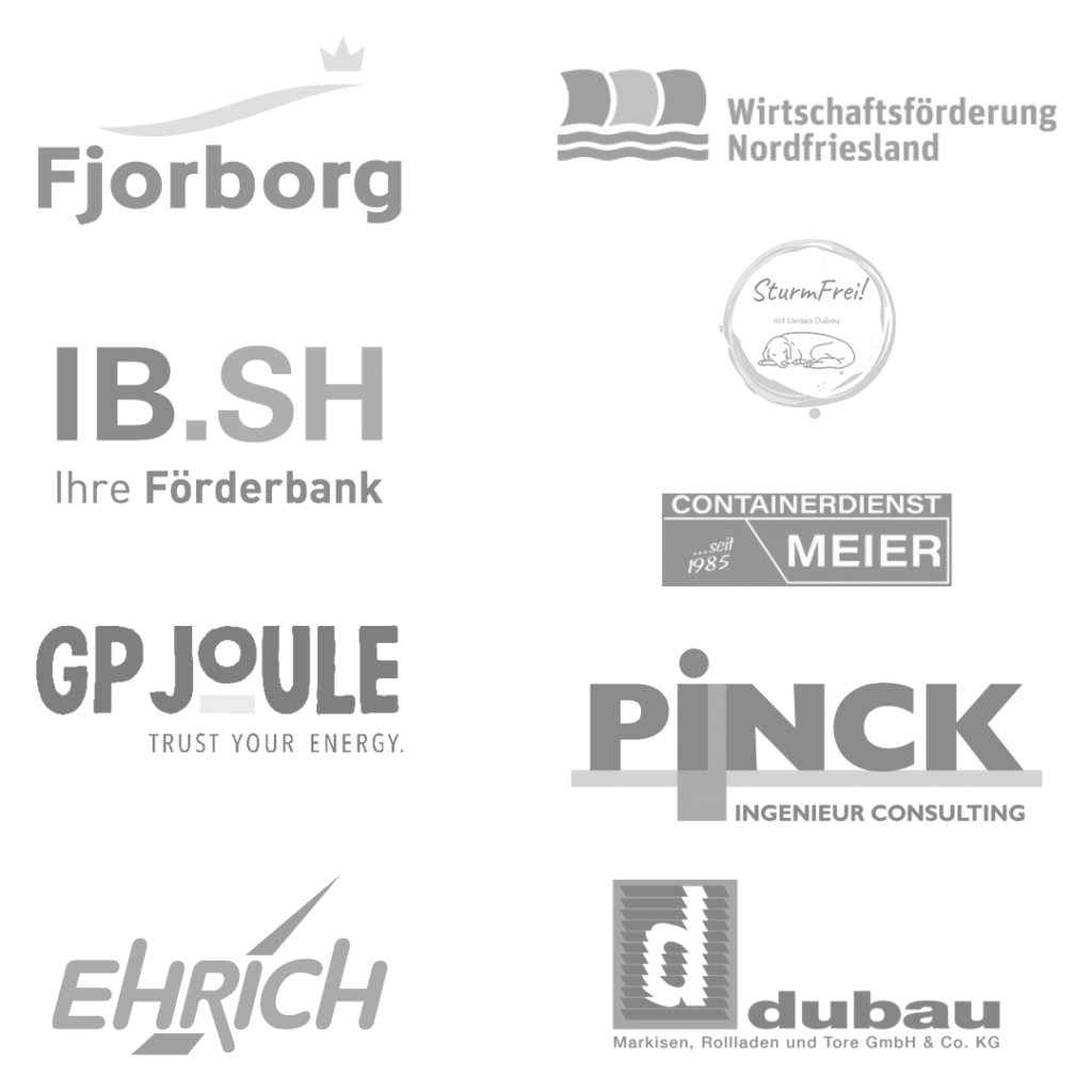 IB.SH, FJORBORG GmbH und Co. KG, DUBAU Markiesen Rolladen und Tore GmbH und Co. KG, PINCK Ingenieure Consulting GmbH, Wirtschaftsförderungsgesellschaft Nordfriesland mbH, F.Ehrich GmbH und Co. KG, GP JOULE Connect GmbH, goldbutt communication gmbh, Larissa DUBAU Einzelunternehmerin, Containerdienst Meier